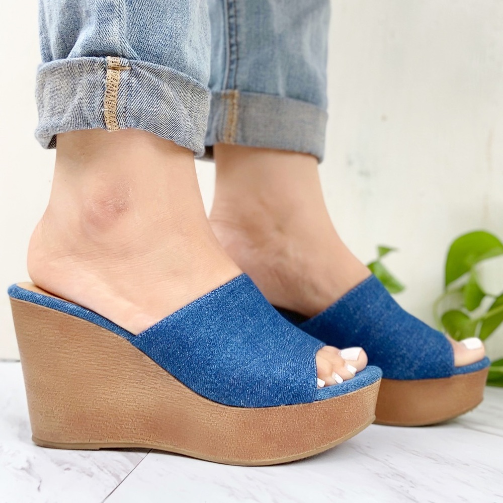 2PK - Blue Denim Wood Like Buttom Mule
